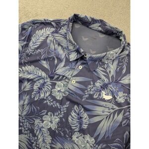 Yiume Mens XL Tropical Whale Logo Performance Golf Polo Shirt Blue Hibiscus